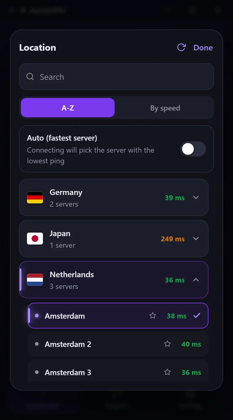 Location list in Astria VPN for Windows: search, A-Z or by speed sorting, Auto fastest server switch, countries with response times and the selected country expanded with its servers