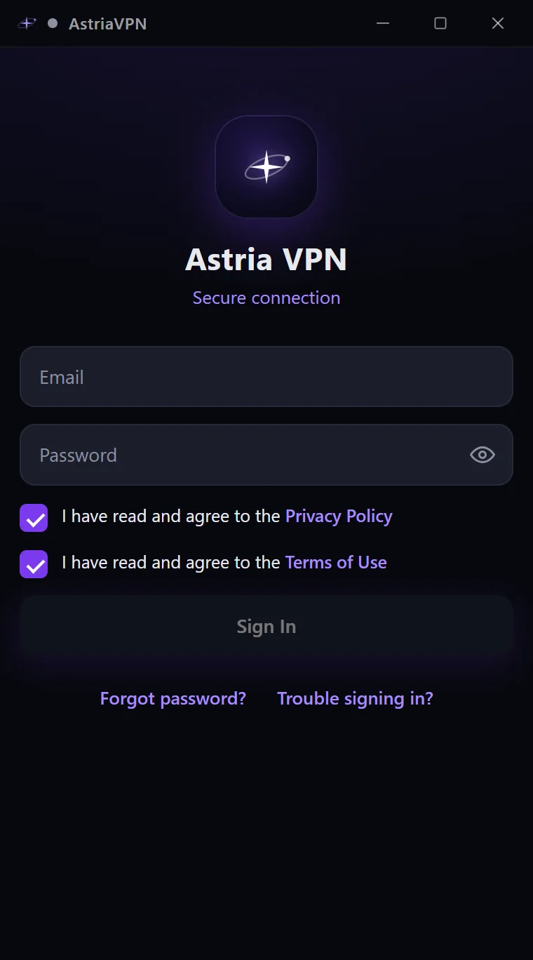 Astria VPN for Windows sign-in screen with the Privacy Policy and Terms of Use agreement ticked