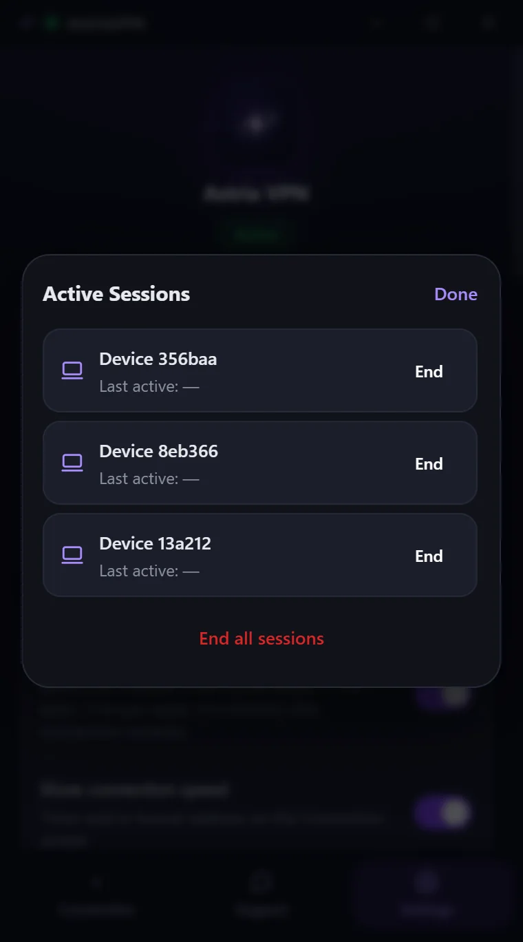 Active Sessions window in Astria VPN for Windows listing signed-in devices with End and End all sessions buttons
