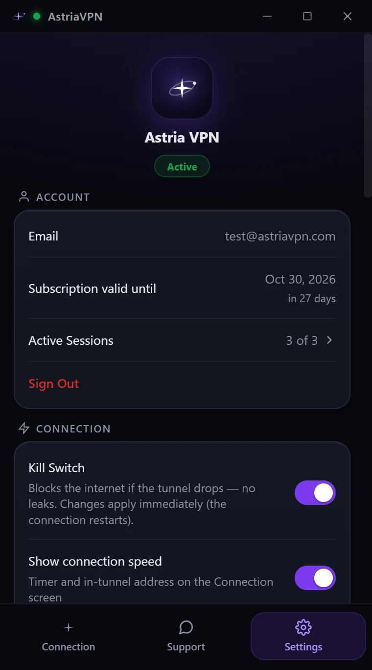 Settings tab of Astria VPN for Windows: account email, subscription end date, active sessions, sign out and Kill Switch