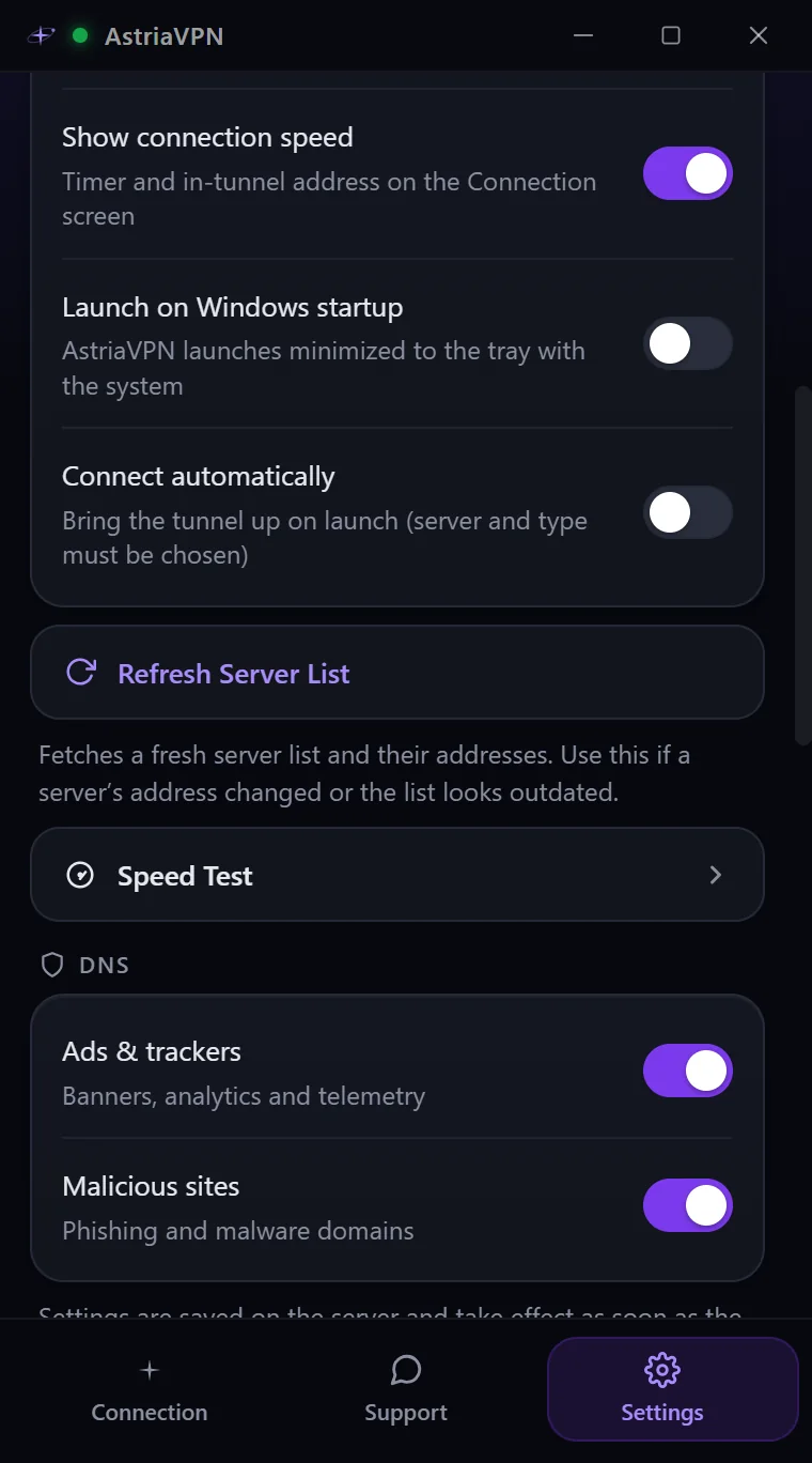 Connection section of Astria VPN for Windows settings: show connection speed, launch on Windows startup, connect automatically, refresh server list, speed test and DNS