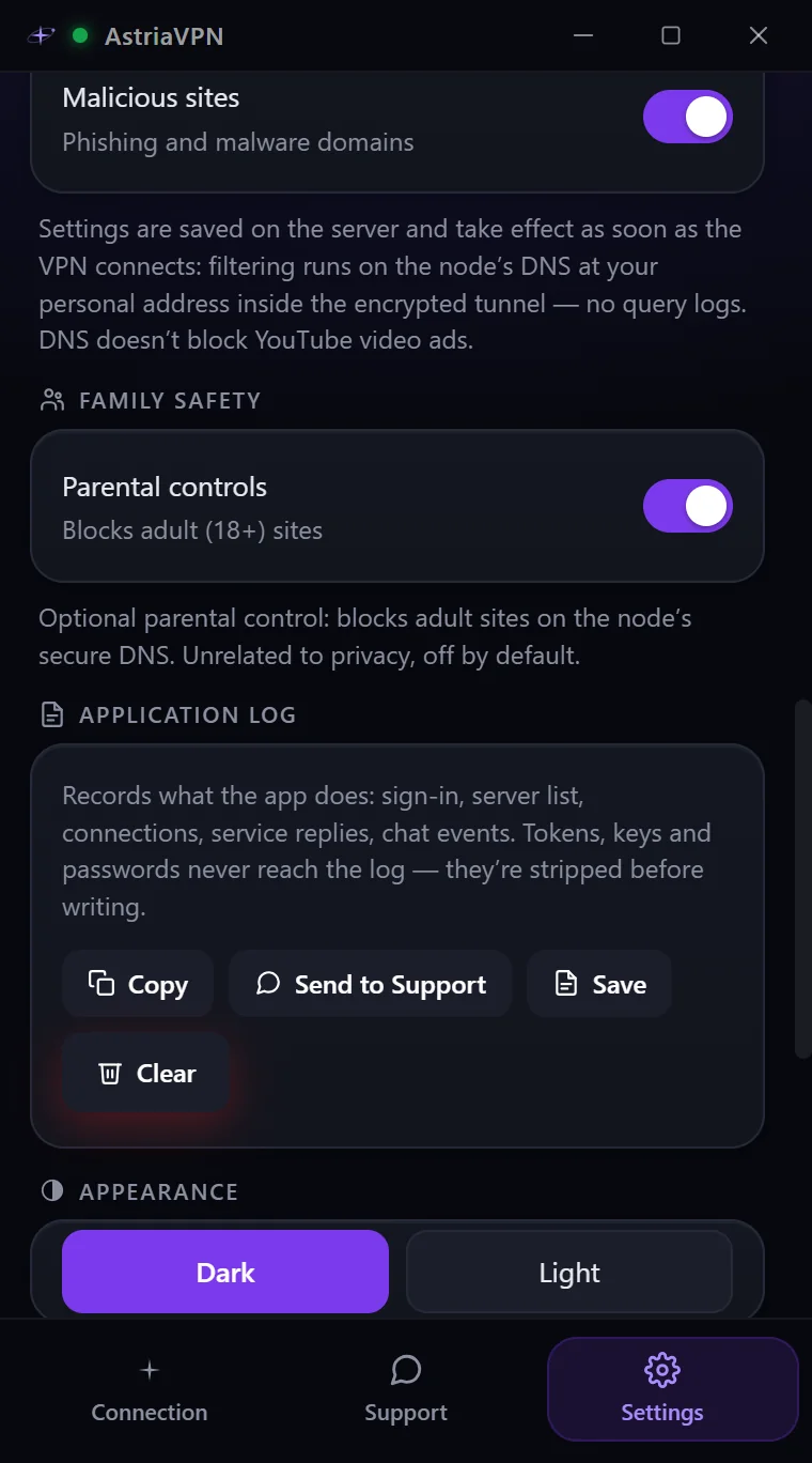 DNS, family safety, application log and appearance sections in Astria VPN for Windows settings