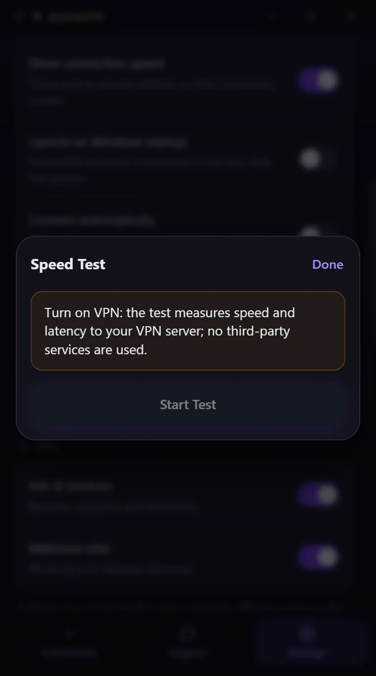 Speed Test window of Astria VPN for Windows with the VPN off: a notice asks to turn on the VPN first and the Start Test button is inactive
