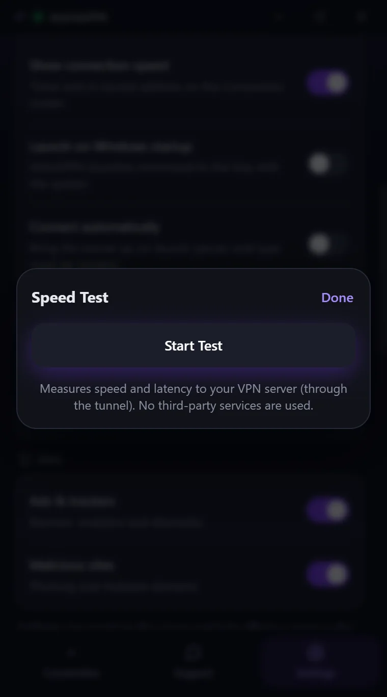 Speed Test window of Astria VPN for Windows with the VPN on: Start Test button ready, test goes to your VPN server through the tunnel