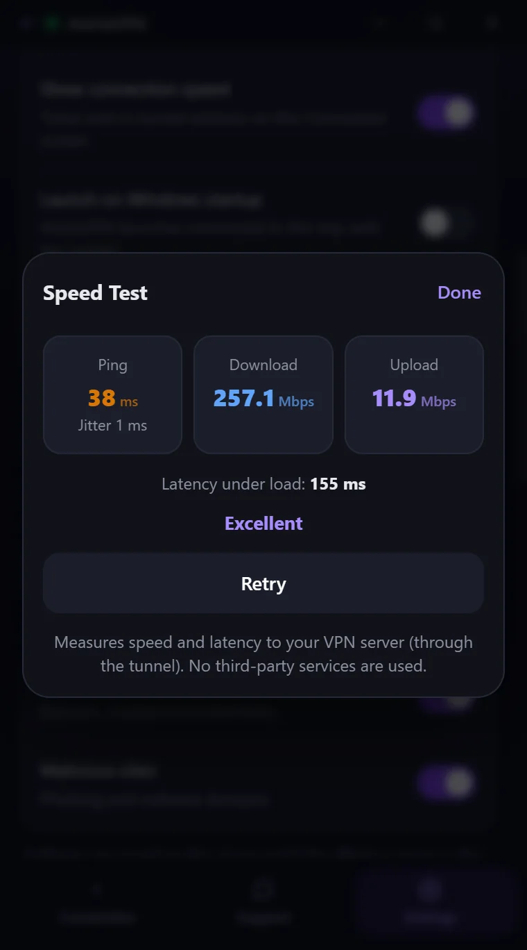 Speed Test result in Astria VPN for Windows: ping, download and upload speed, latency under load and a rating