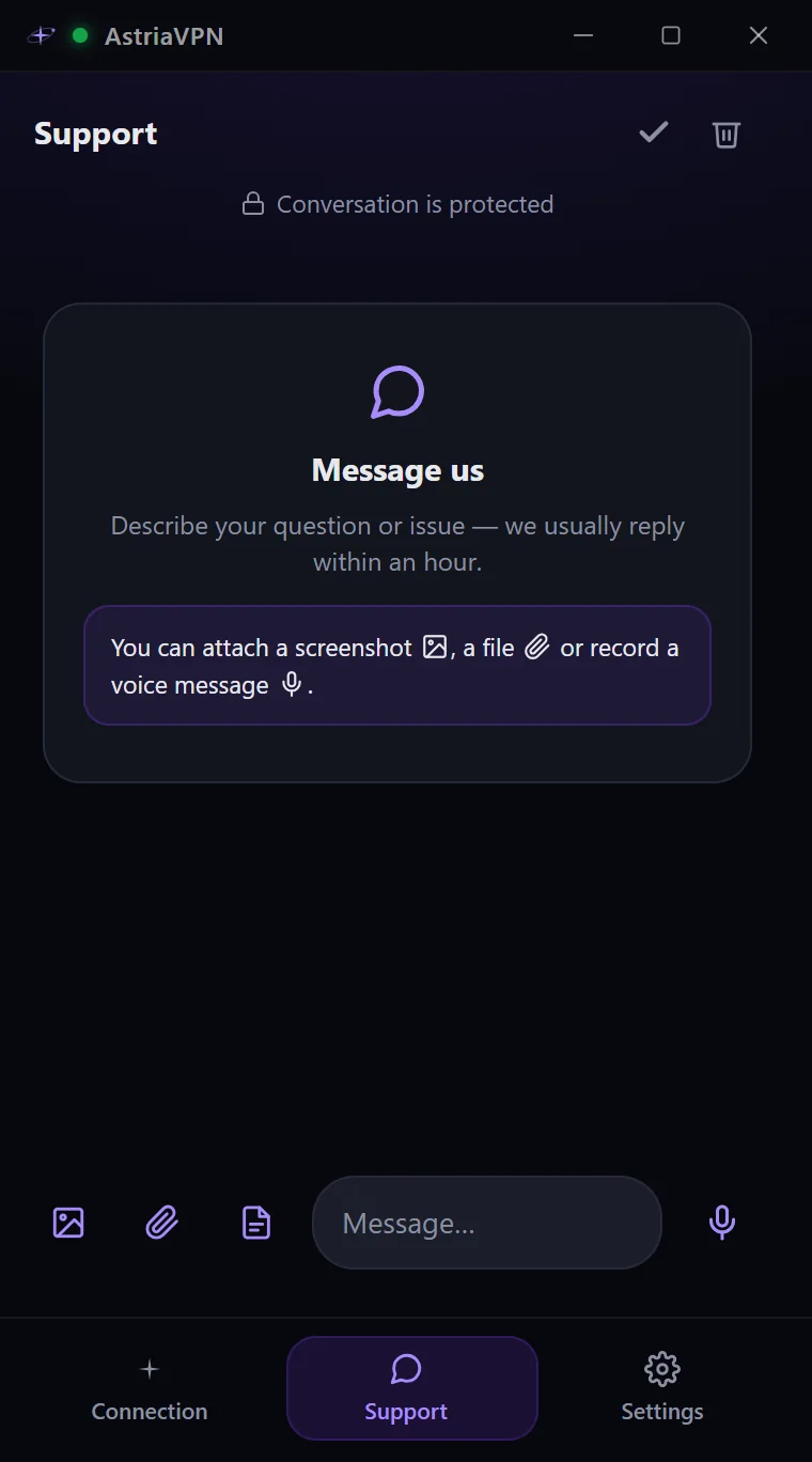 Support chat in Astria VPN for Windows with a protected conversation and buttons for screenshots, files and voice messages